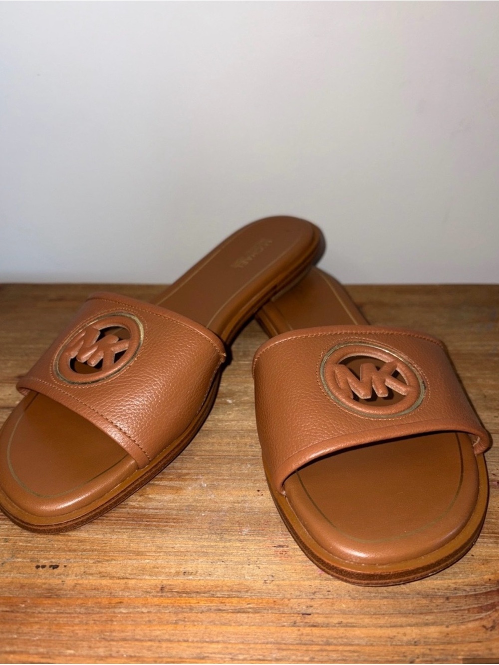 Michael Kors Cognac Brown Leather Logo Slide Sandals